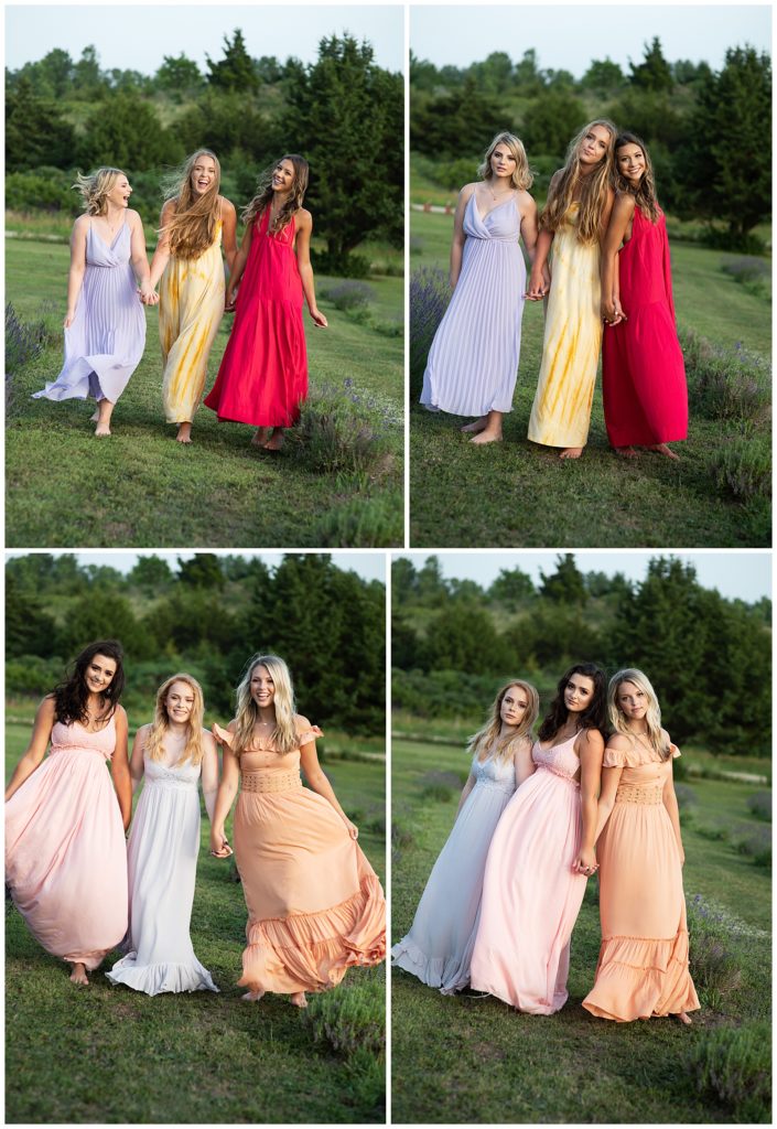 High School senior girls in flowy dresses in a lavender field.