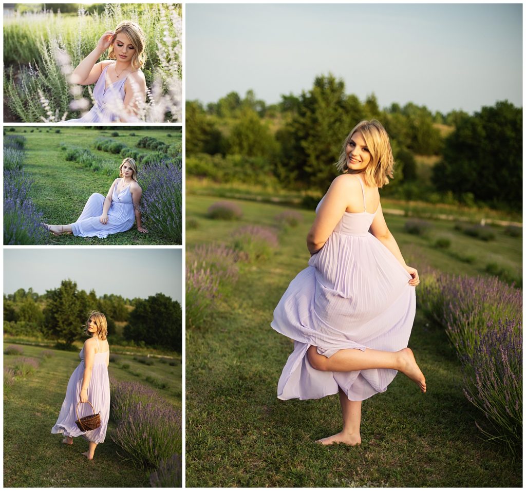 Senior girl in lavender field lavender colored dress