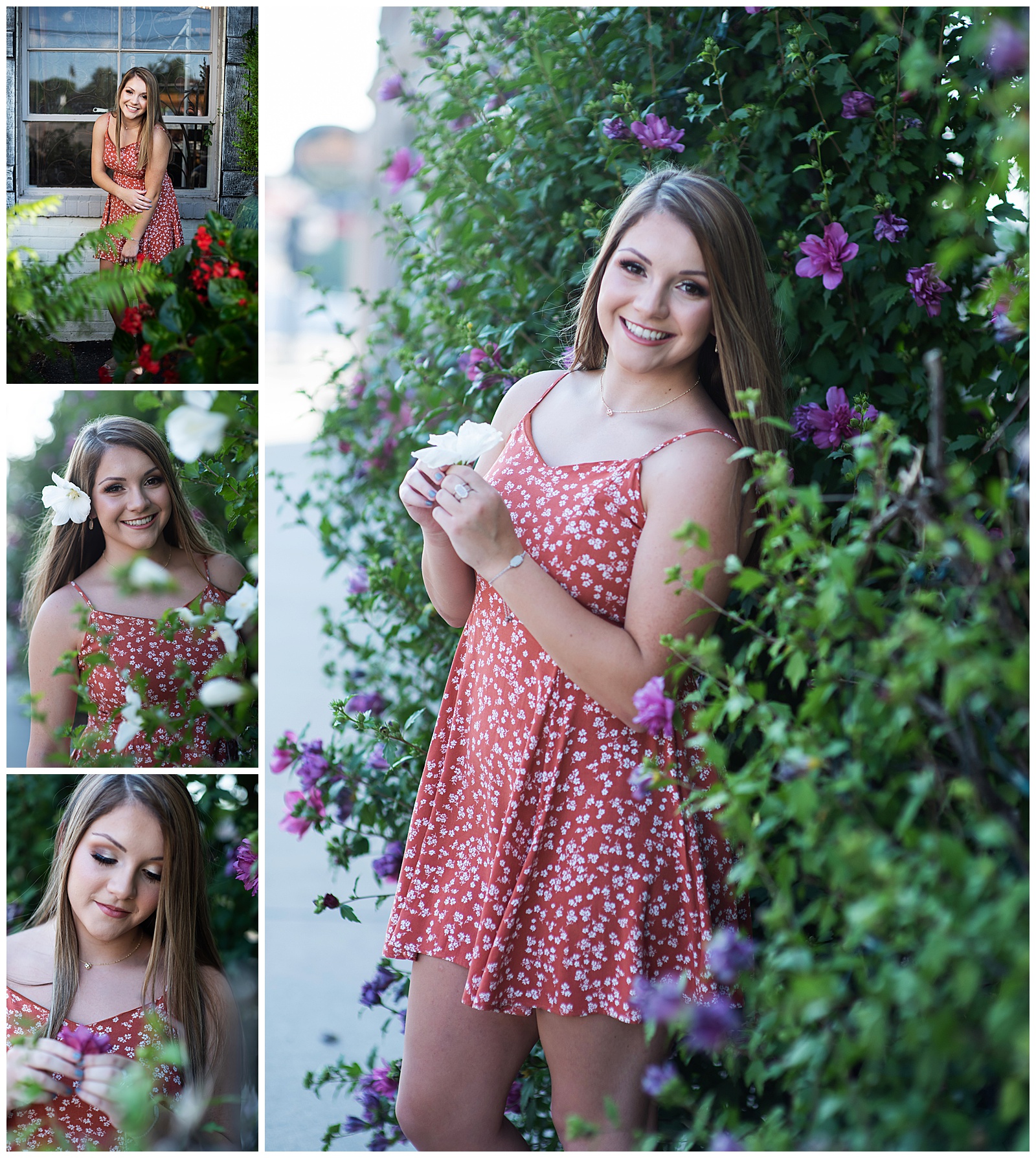 Beautiful senior girl floral downtown in dress
