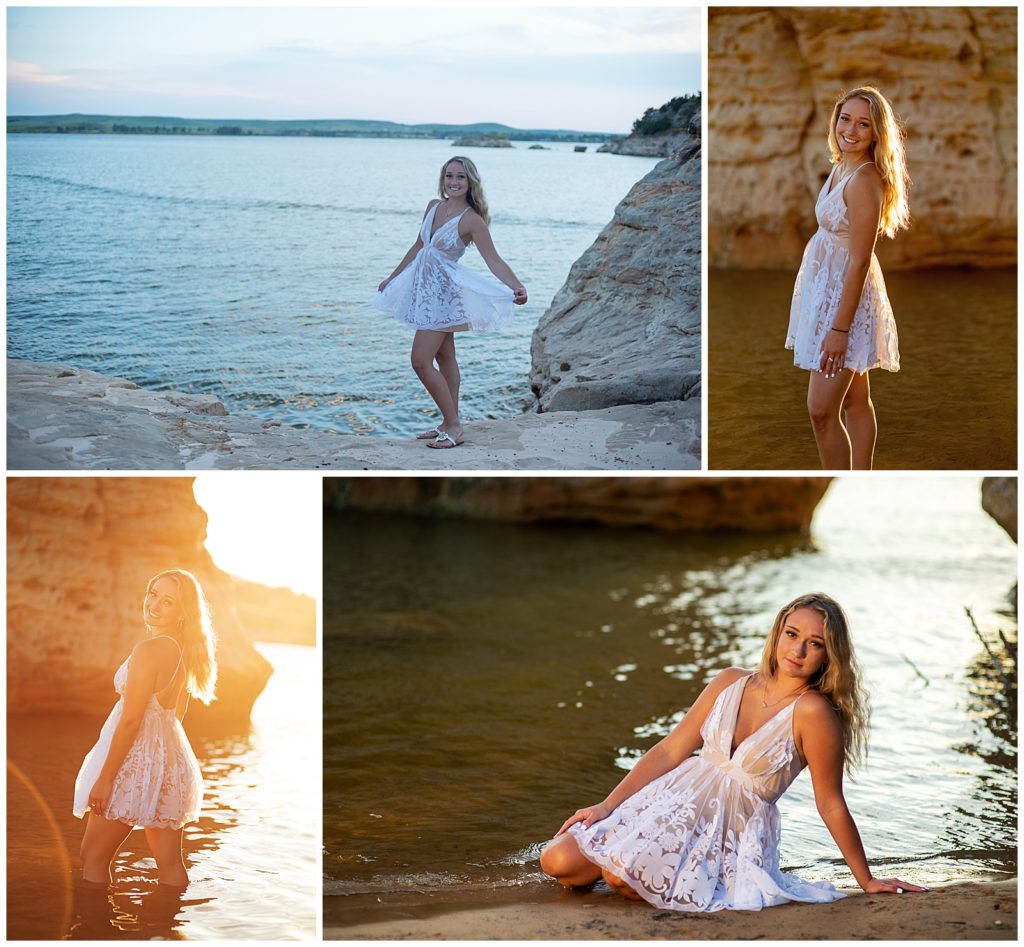 Senior girl white dress lake