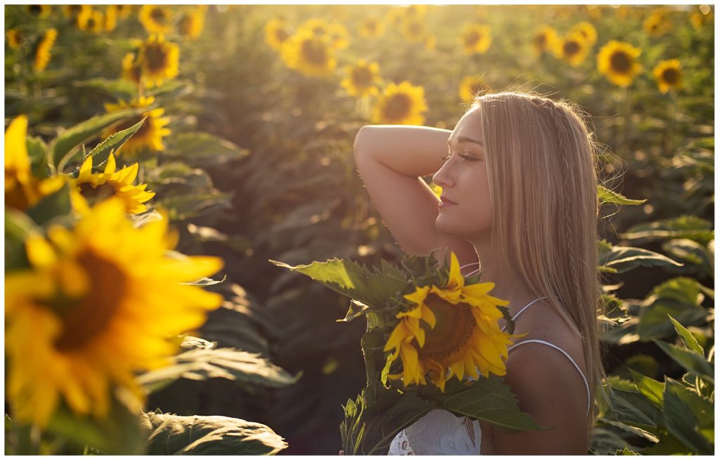 beautiful senior girl looking off in sunflower field