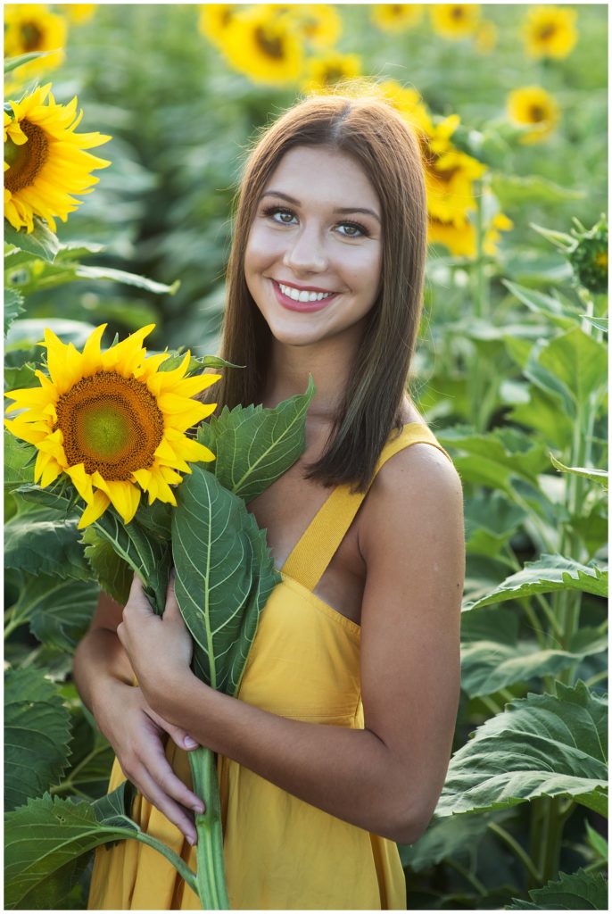 senior girl photos yellow maxi dress sunflower field