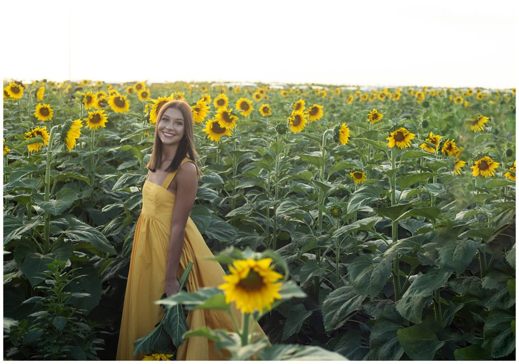 senior girl photos yellow dress sunflower field