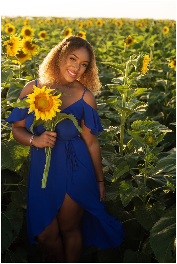 senior girl blue dress sunflower field