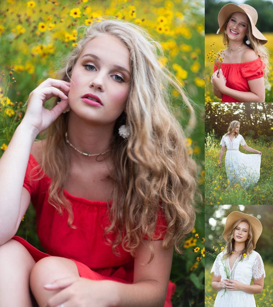 high school senior girls in red dress and white dress in field of yellow flowers senior pictures