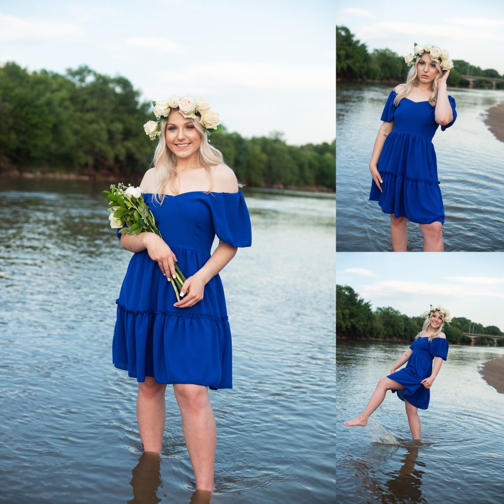 girl in blue dress in river