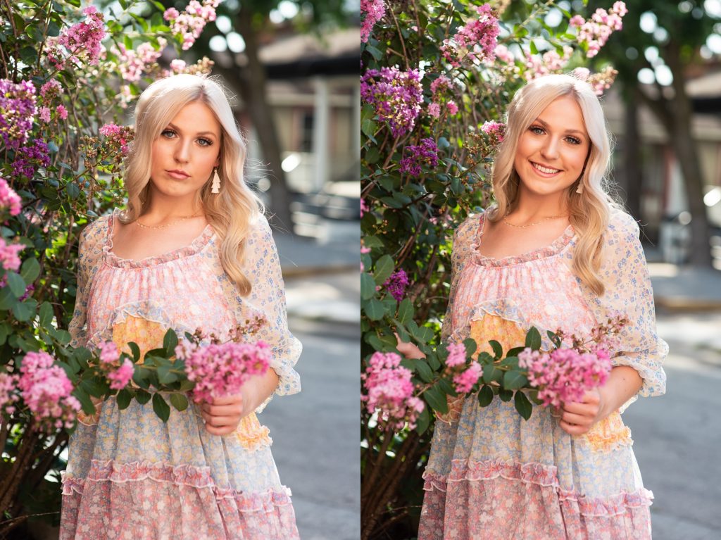 blonde girl posing in flowers