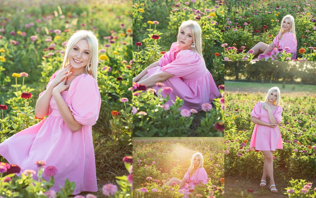 girl in pink dress in flower field