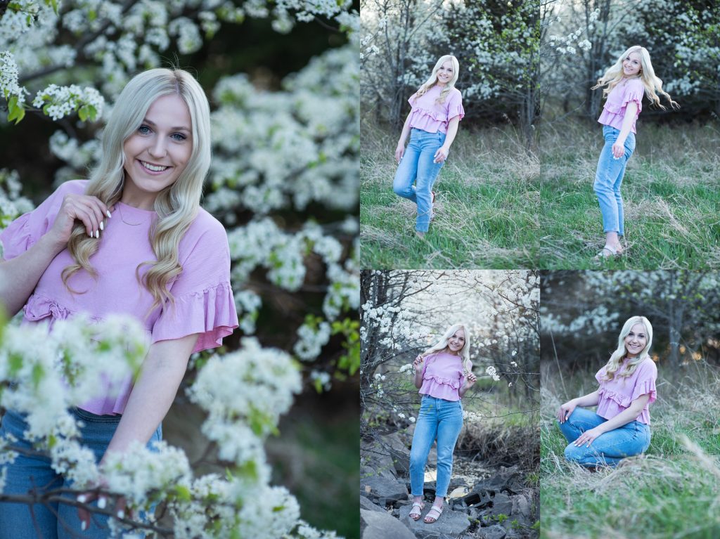 girl in pink shirt in blooming trees
