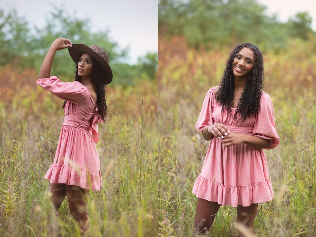 high school senior girl in pink dress in a field.  Kim Stiffler Photography