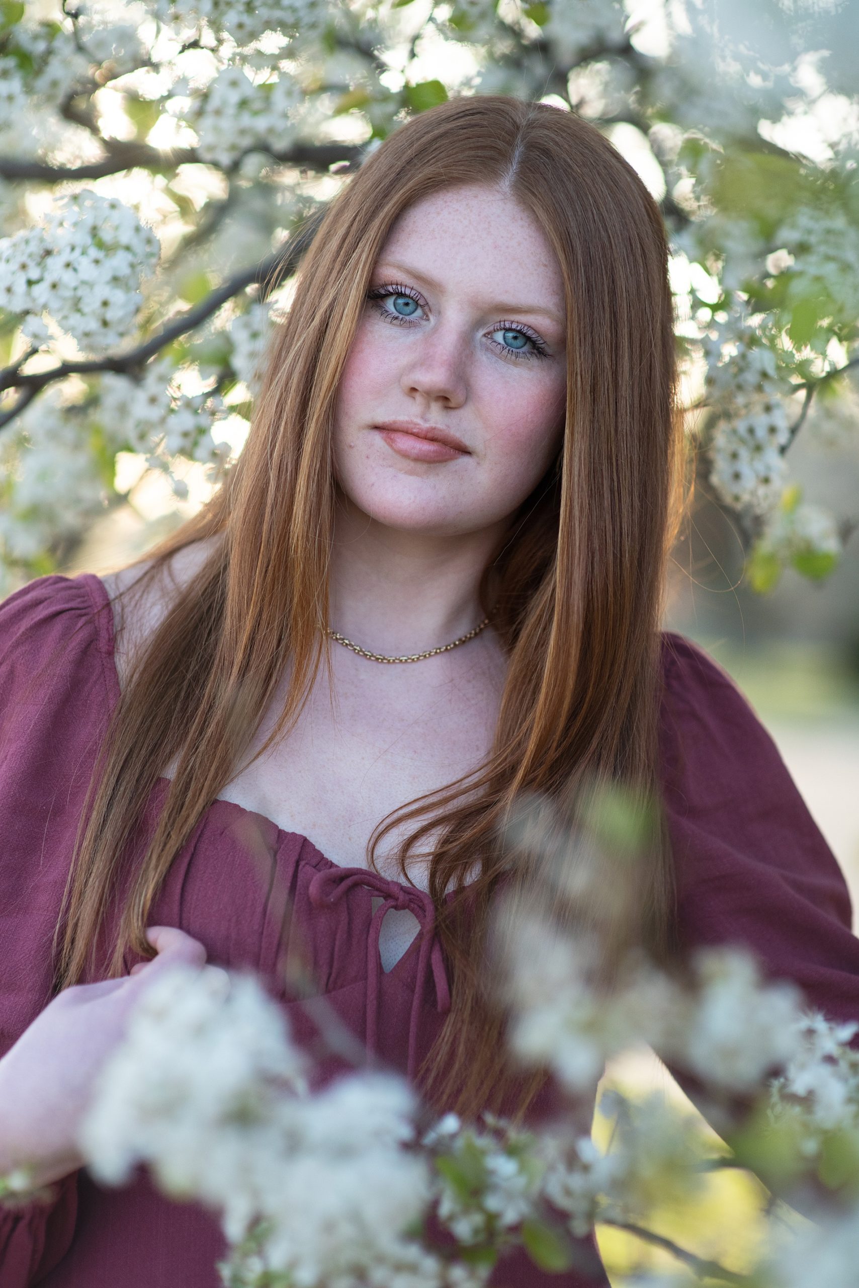 high school senior girl in magenta dreess in blooming tree for spring senior pictures